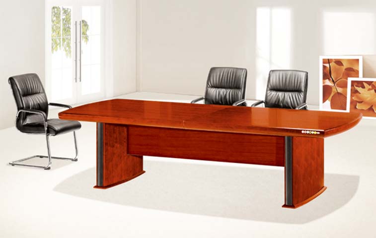 Boat-Shaped Cherry Veneer Conference Table with Full Modesty Panel and Cable Management