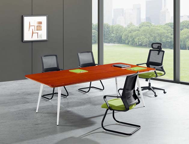 6-Person Rectangular Fixed-Height Conference Table with Reddish Wood Top and White Splayed Metal Legs
