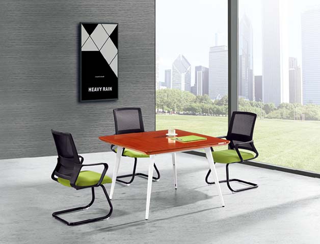 4-Seat Compact Square Office Meeting Table with Reddish Brown Wood Top and White Splayed Metal Legs