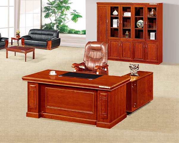 Traditional Red-Brown L-Shaped Solid Wood Veneer Executive Desk with Right Return Cabinet