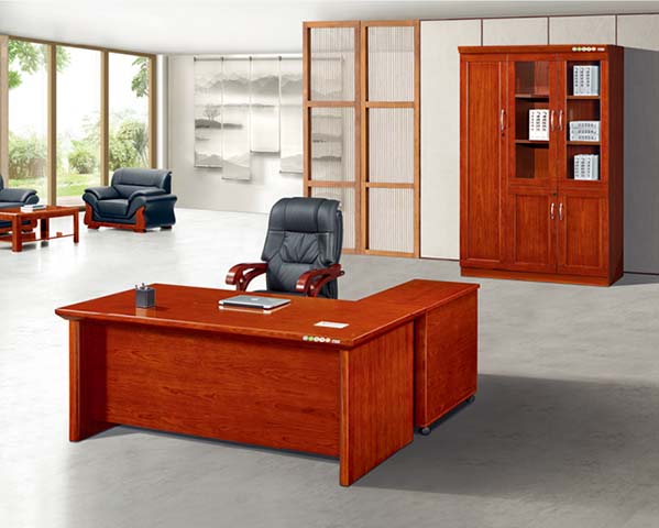 Traditional Red Wood Veneer L-Shaped Executive Desk with Mobile Return Pedestal