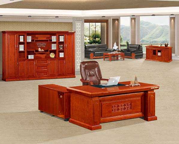 Traditional Red-Brown L-Shaped Executive Desk with Left Return Cabinet