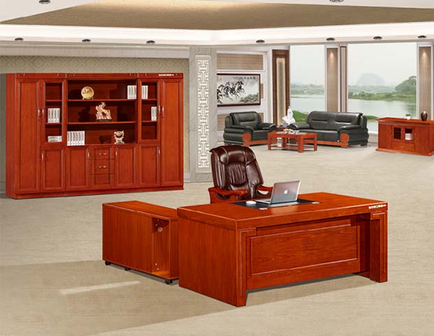 Glossy Red Mahogany L-Shaped Executive Desk with Mobile Side Pedestal