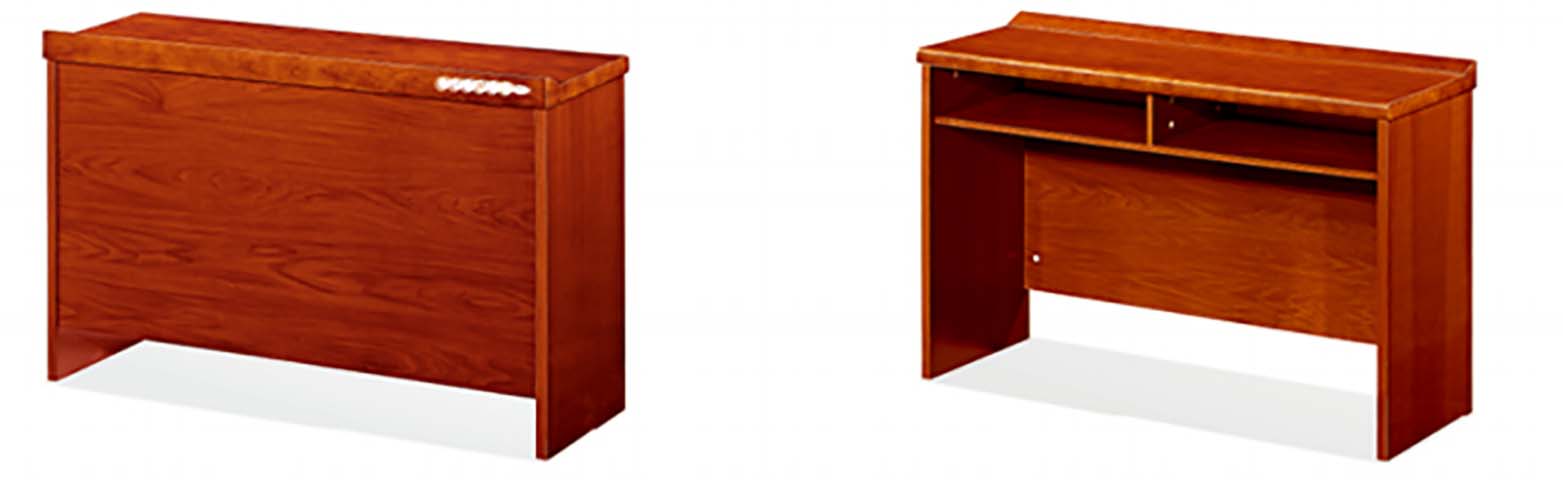 Red-Brown Wood Veneer Panel-Leg Executive Desk with Open Under-Desk Shelves and Cable Grommet