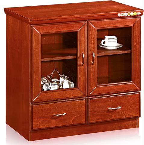 Reddish Brown Wood Veneer Office Tea Storage Cabinet with Upper Glass Doors and Lower Drawers