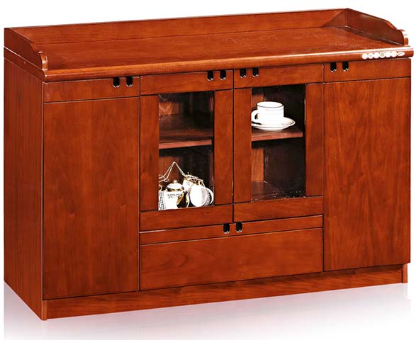 Walnut Finish Office Tea Storage Cabinet with Built-in Power Strip