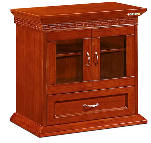 Traditional Carved Mahogany Low Media Console with Glass Doors and Drawer