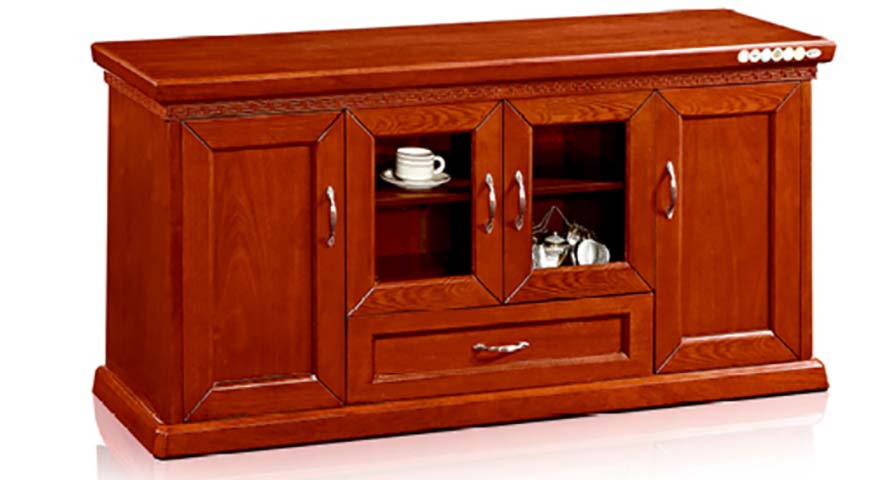 Red-Brown Wood Veneer Office Tea Service Credenza with Glass Doors and Control Panel