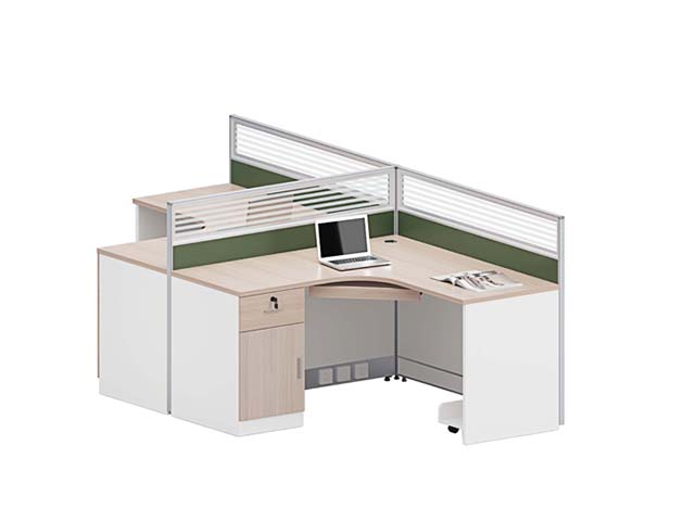 L-shaped 2-person cubicle workstation with partial privacy dividers and integrated storage