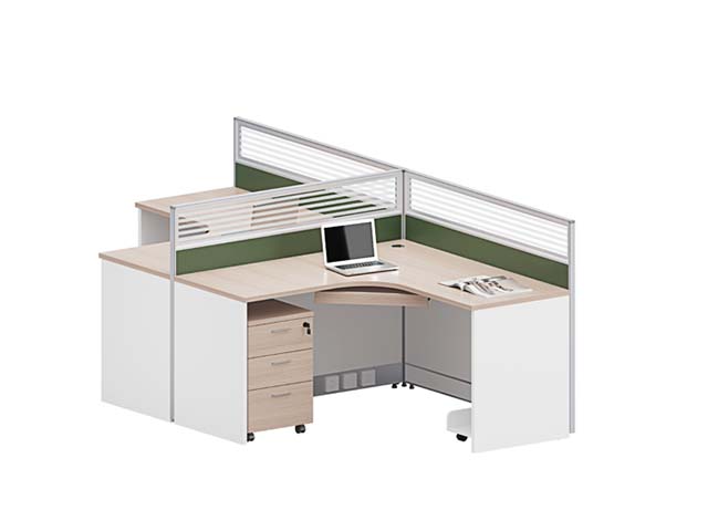 L-Shaped Office Cubicle Workstation with Partition Screens and Mobile 3-Drawer Pedestal