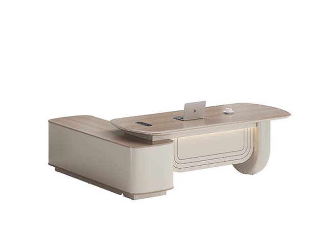 Curved L-Shaped Executive Desk with Left Storage Return, Integrated Power Hub and LED Ambient Lighting