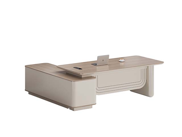 Two-Tone Light Oak Cream L-Shaped Executive Office Desk with Left Storage Return