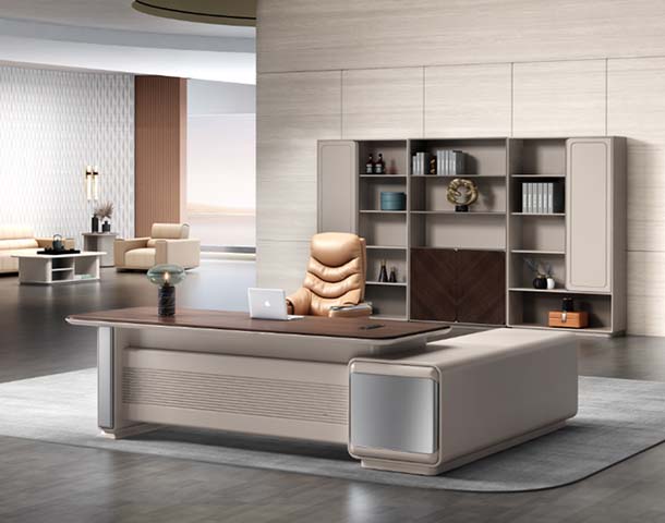 L-shaped executive office desk with fixed right return and plinth base