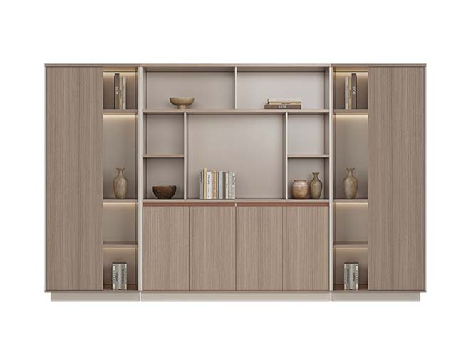 Light Oak Full-Height Modular Office Bookshelf with Integrated LED Lighting