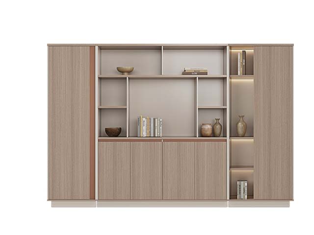 Light Wood Grain Full-Wall Office Bookcase Cabinet with LED Open Shelves