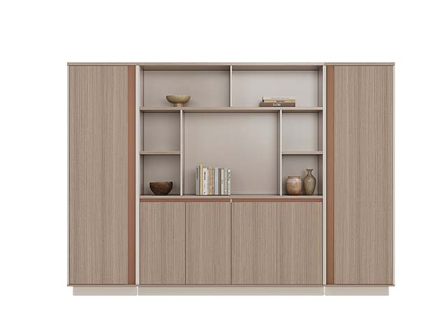 Modern Wood Veneer Office High Storage Cabinet with Open Display Shelves
