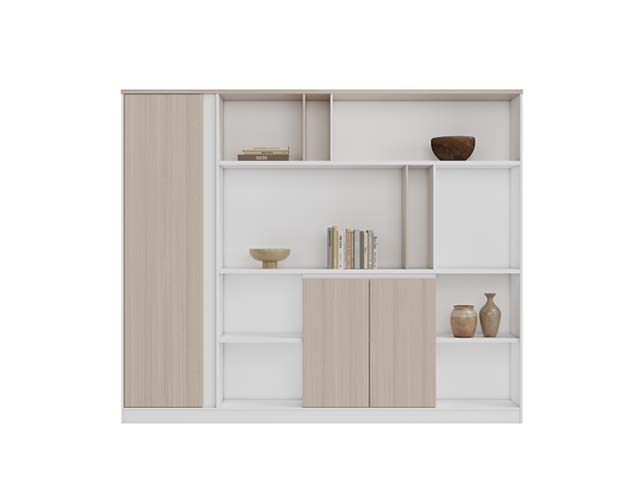 Light Wood and White Asymmetrical Office Combination Display Storage Cabinet