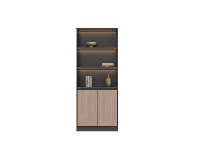 Tall Two-Tone Illuminated Display Bookcase with 3 Open LED Shelves and Lower Double-Door Cabinet