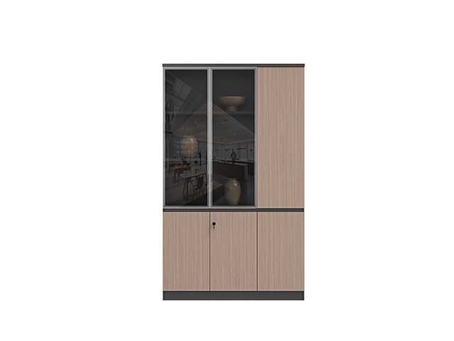 Light Oak Wood-Grain Split-Zone Office Storage Cabinet with Upper Glass Doors and Lower Lockable Solid Doors