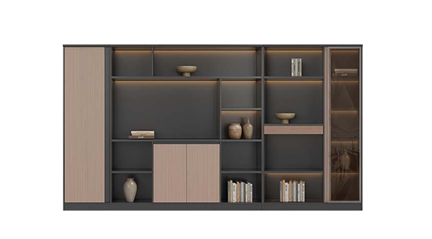 Mixed-Storage Office Display Bookcase with Integrated LED Lighting