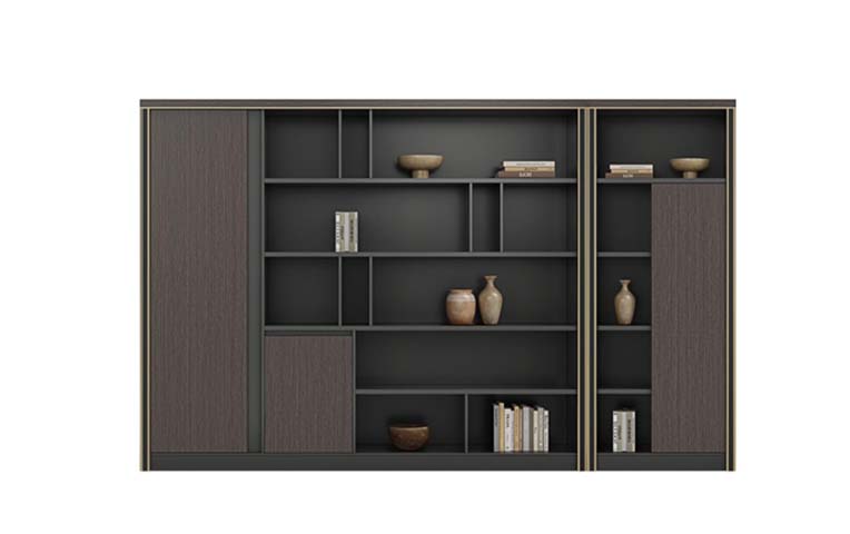 Executive Open Bookcase with Closed Storage Cabinets and Brass Accent Trim