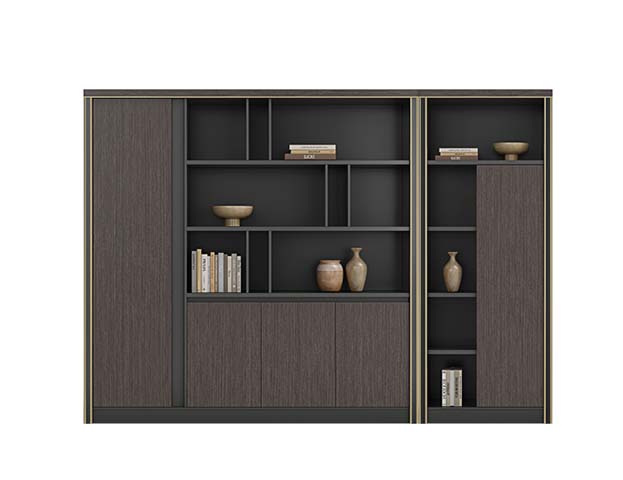 Dark Wood Grain Gold Trim Asymmetrical Open Shelf Executive Office Bookcase Storage Cabinet