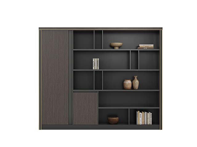 Asymmetric Dark Wood Office Bookcase with Gold Trim and Mixed Open/Closed Storage