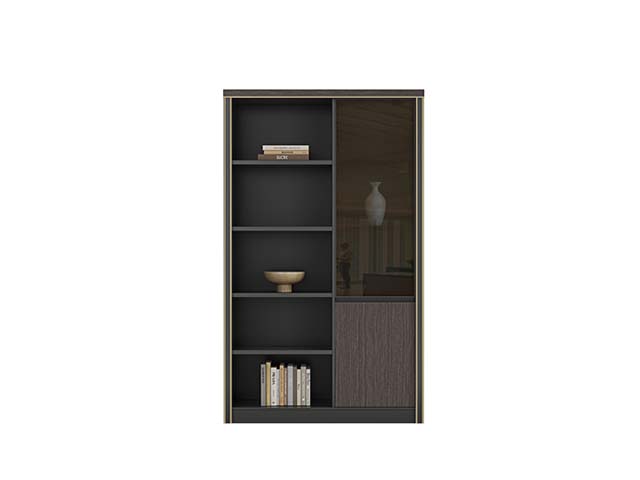 Executive Office Display Bookcase with Open Shelves, Smoked Glass and Solid Wood Doors