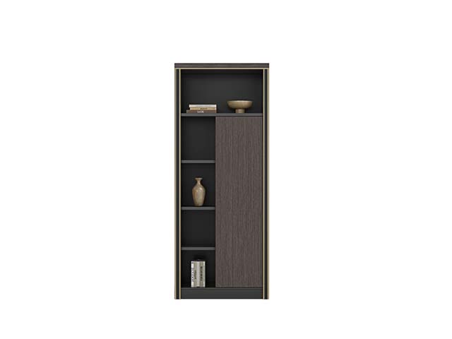 Dark Wood Asymmetric Tall Open-and-Closed Office Bookcase with Gold Trim