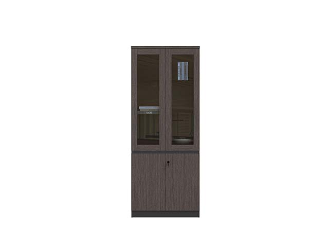 Dark Wood Grain Office Bookcase with Upper Glass Doors and Lower Lockable Storage