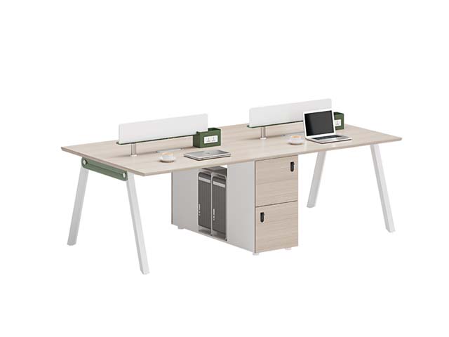 Light Oak 4-Person Bench Office Workstation with Privacy Dividers and Central Storage