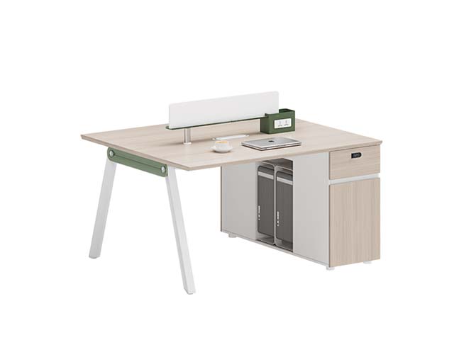 2-Person Light Oak Office Workstation Desk with Privacy Divider and Power Socket