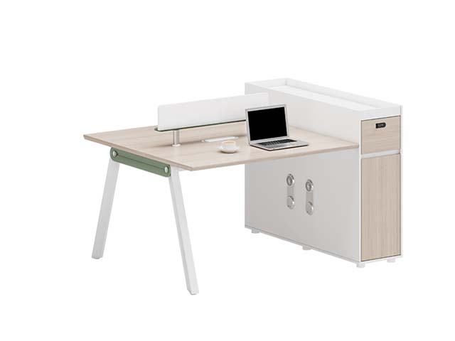 2-Person L-Shaped Modular Office Workstation Desk with Central Privacy Divider and Integrated Storage Cabinet