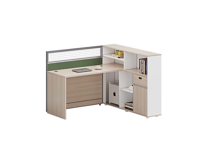 L-Shaped Single-Person Workstation Desk with Integrated Divider and Side Storage Cabinet