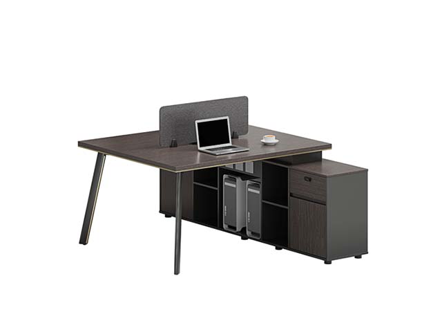Two-Person L-Shaped Office Workstation with Fabric Privacy Divider and Integrated Storage