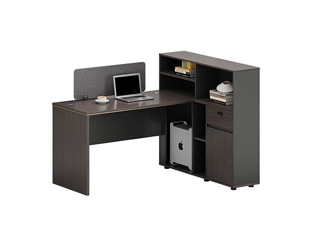 L-Shaped Office Workstation with Integrated Side Storage and Desktop Privacy Divider