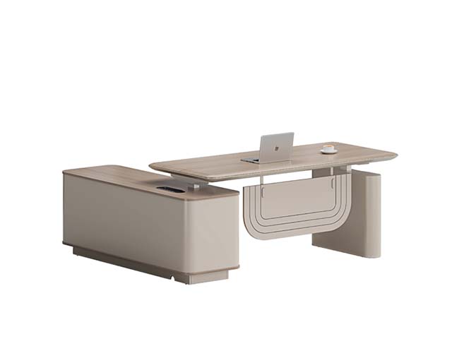 Two-Tone Light Oak and Warm Taupe L-Shaped Executive Office Desk with Left Storage Return