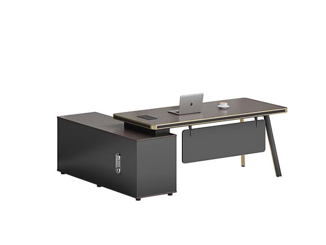 Dark Walnut L-Shaped Executive Desk with Left Lockable Side Cabinet, Gold-Trim Angled Legs and Cable Grommet
