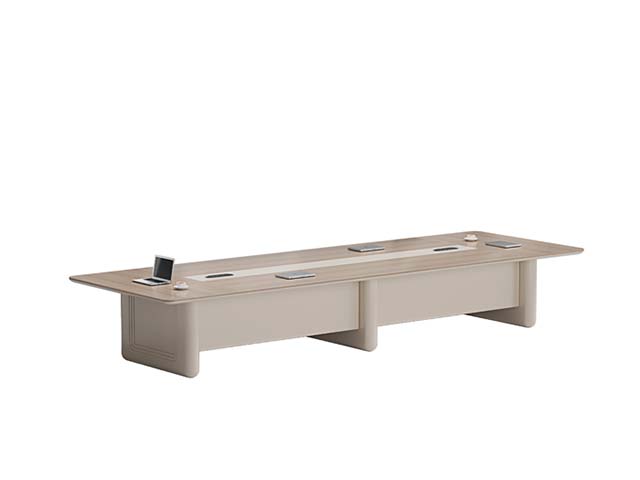 Two-Tone Light Wood 14-Person Boat-Edged Conference Table with Central Cable Management and Integrated Power Ports