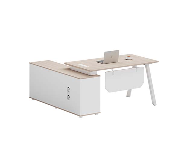 Two-Tone Light Oak White L-Shaped Executive Office Desk with Left Storage Return