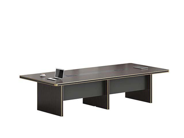Dark Wood Grain Rectangular Multi-Seat Conference Table with Gold Edge Trim and Central Cable Grommets