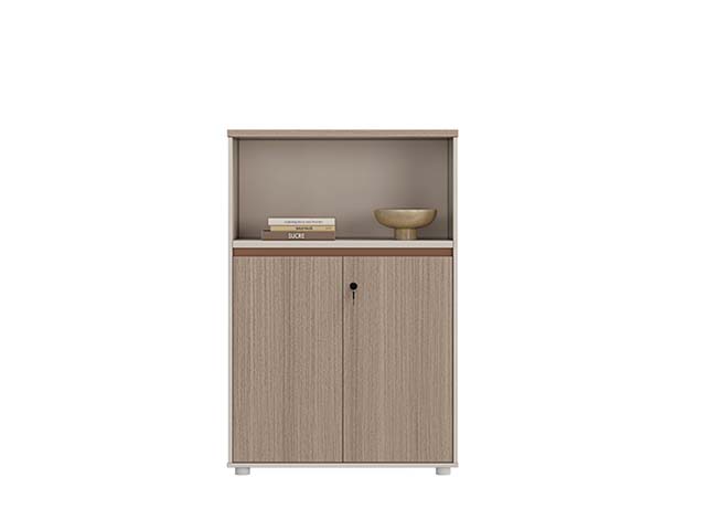 Light Oak Two-Tone Office Storage Cabinet with Open Upper Shelf and Lockable Double Doors