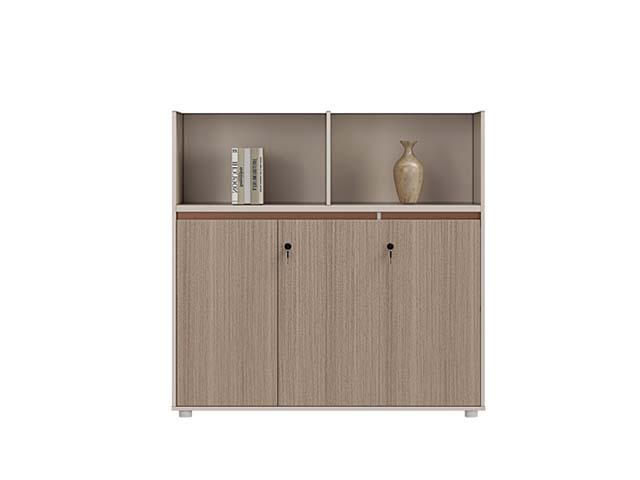 Light Wood Grain Office Storage Credenza with Upper Open Cubbies and Lockable Sliding Doors