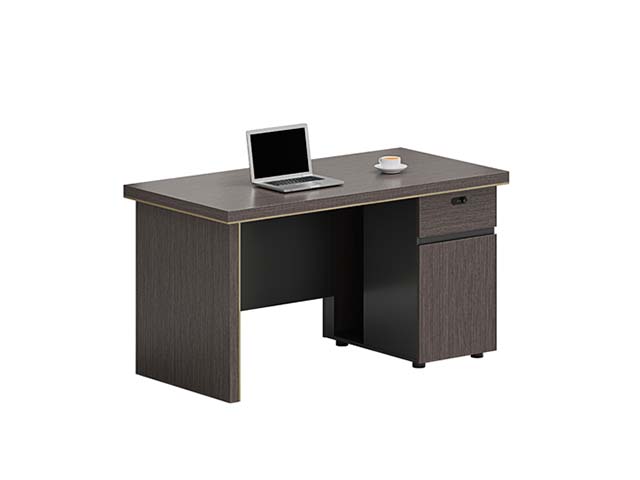 Dark Wood Grain Single Right Pedestal Office Desk with Gold Edge Trim