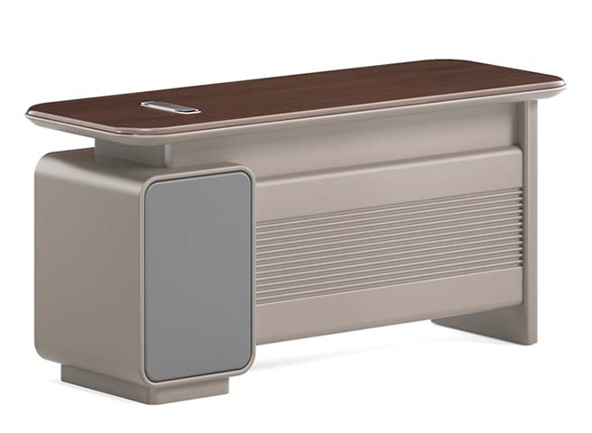 Modern Executive Desk with Left Storage Pedestal, Dark Wood Top and Ribbed Front Panel