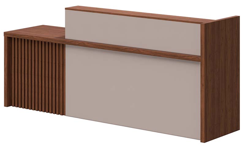 Asymmetric L-Shaped Walnut and Taupe Modern Commercial Reception Desk with Fluted Side Return