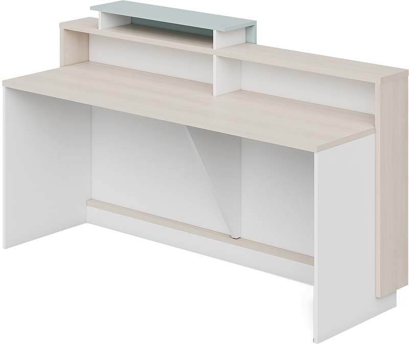 Two-Tone Modern Rectangular Reception Desk with Tiered Display Shelves