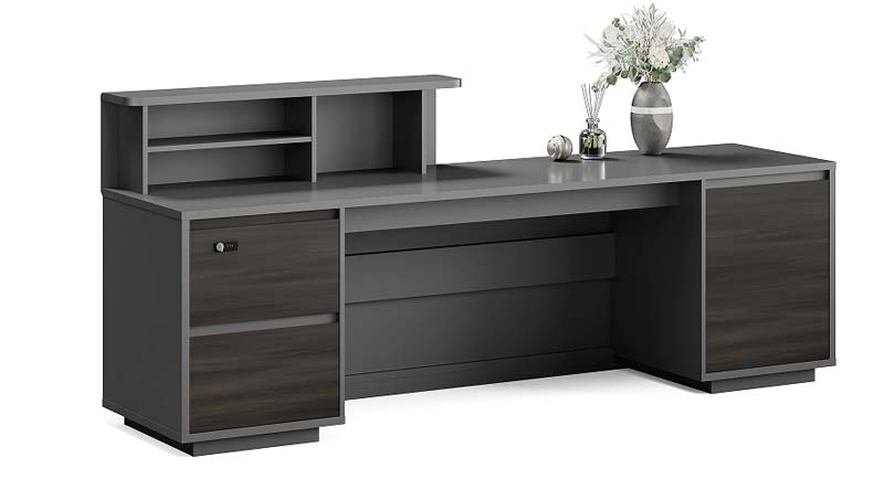 Two-Tone Straight Reception Desk with Raised Transaction Shelf and Lockable Storage