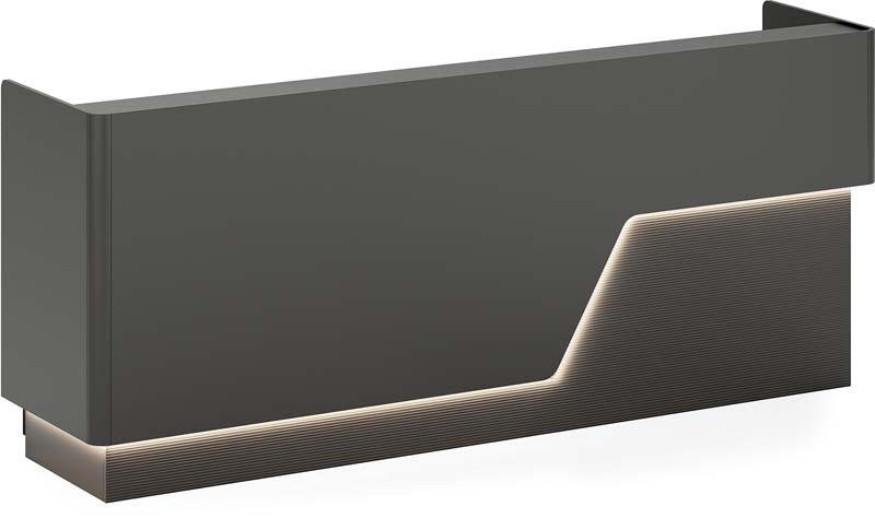 L-Shaped Matte Dark Gray Commercial Reception Desk with Integrated Ambient LED Lighting