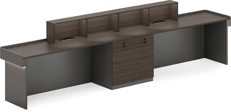 Modern L-Shaped Two-Tone Reception Desk with Central Lockable Storage and LED Accent Lighting
